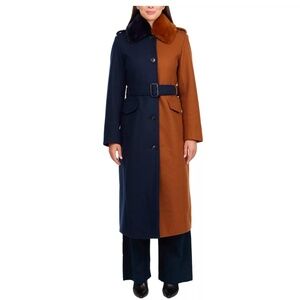 Brand new! Badgley Mischka Terry color blocking Cognac/Navy long coat. Size-M.